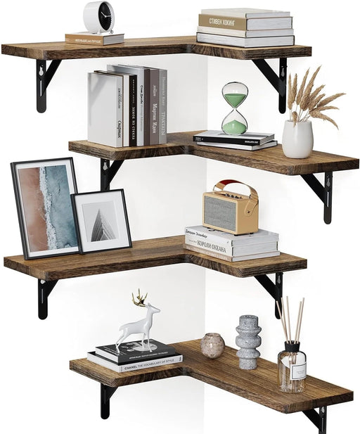 Set of 4 Corner Shelves Wall Mounted Wall Shelves Floating Shelves for Storage & Decor for Bedroom,Bathroom,Living Room,Kitchen,Brown