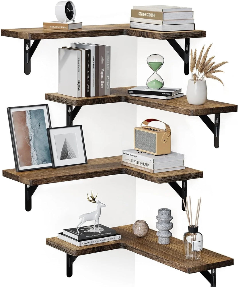 Set of 4 Corner Shelves Wall Mounted Wall Shelves Floating Shelves for Storage & Decor for Bedroom,Bathroom,Living Room,Kitchen,Brown