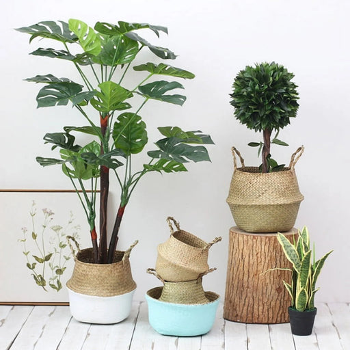 Clearance! Handmade Flower Basket Foldable Wickerwork Storage Basket Hanging Decorative Baskets Garden Flower Pot Rattan Planter Seagrass Home Storage Decor Basket
