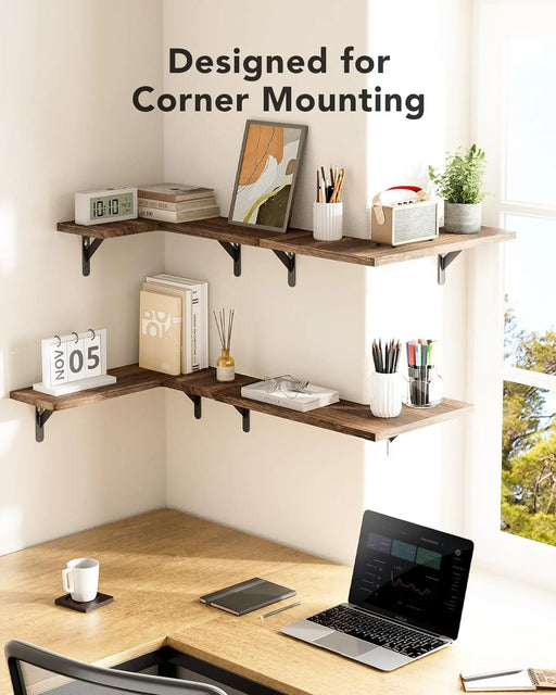 Set of 4 Corner Shelves Wall Mounted Wall Shelves Floating Shelves for Storage & Decor for Bedroom,Bathroom,Living Room,Kitchen,Brown