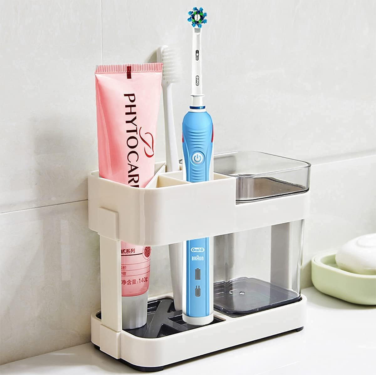 Toothbrush Holder Electric Tooth Brush Toothpaste Holder Bathroom Set Restroom Vanity Large Capacity Tooth Paste Accessories Storage Decor Cups Holder for Family Apartment（Contains 1 Cups）