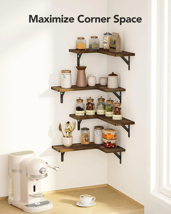 Set of 4 Corner Shelves Wall Mounted Wall Shelves Floating Shelves for Storage & Decor for Bedroom,Bathroom,Living Room,Kitchen,Brown